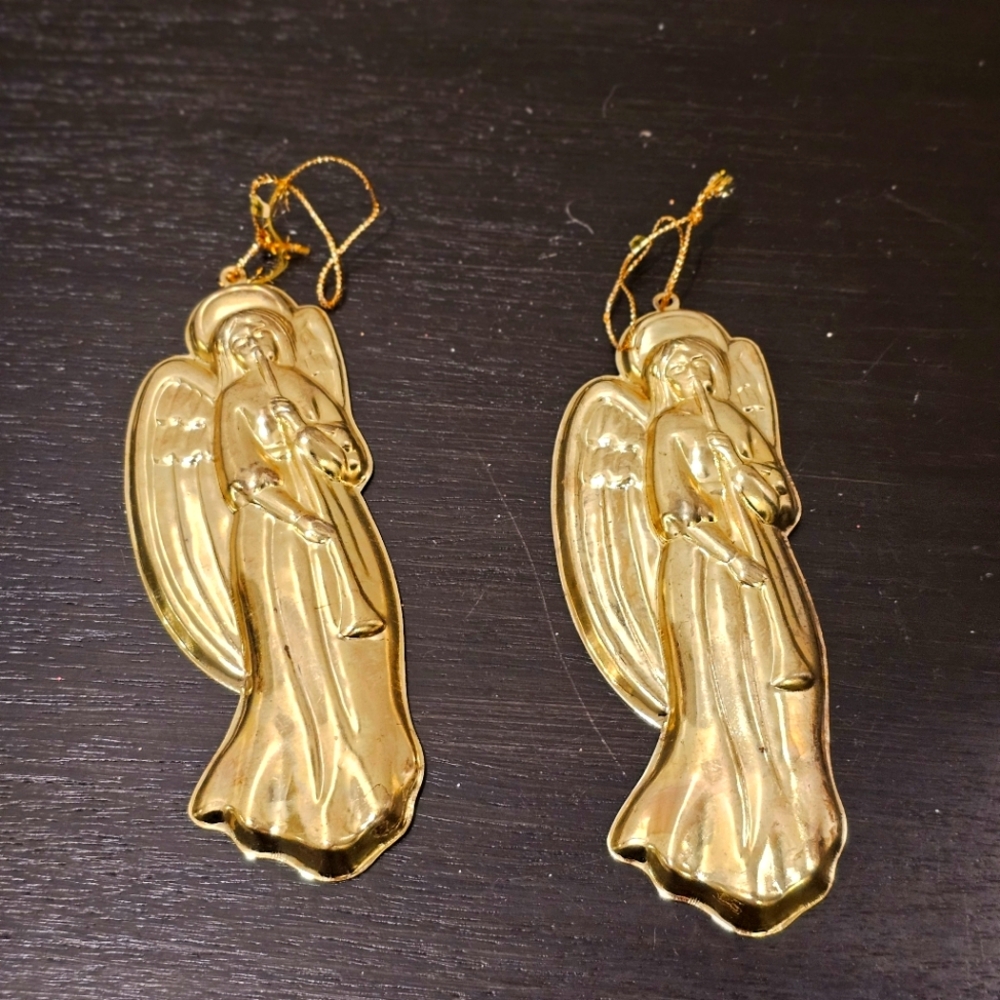 Vintage gold metal angel ornament set of 2